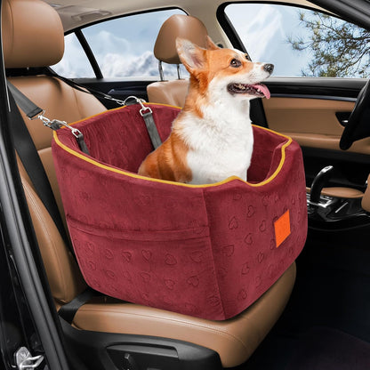 Dog Car Seat for Small Dogs, Memory Foam Booster Dog Seat for Dogs up to 35 lbs, Elevated Pet Car Seat, Travel Safety Pet Seat with Washable Removable Cover, Storage Pockets (Red)
