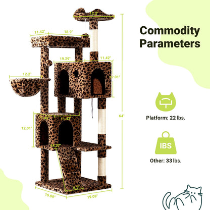 Allewie 64 Inches Cat Tree Tower/Multi-Level Activity Center for Indoor Big Felines/2 Plush Condos/2 Perchs/Basket/House/Sisal Scratching Posts/Hanging Cat Toys/Leopard Print