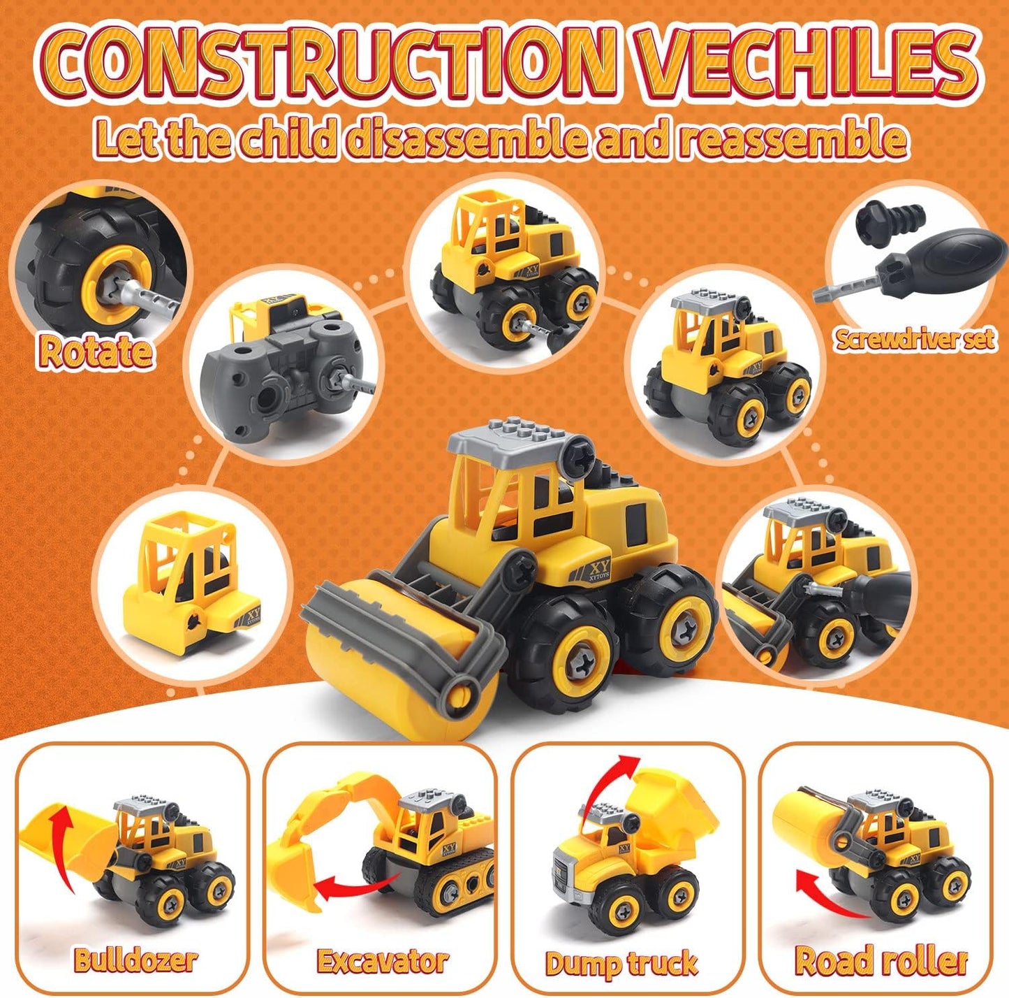 Play Construction Sand Kit,2.2lbs Magic Sand W/4 Large Take Apart Construction Trucks,1 Sandbox,8 Worker Figures and Road Signs,8 Molds,Toys for 2-8 Years Old Boys Girls