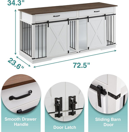 EDYO LIVING 72.5" Large Dog Crate Furniture for 2 Dogs, Wooden Dog Kennel with Drawers, Divider, Sliding Barn Door, Water Resistant Indoor Furniture Style Double Dog Crates, White