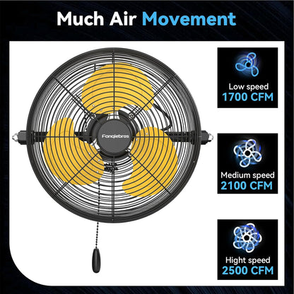 12 IN High Velocity Wall Mount Fan, 3 Speed Industrial Wall Fan with Sealed Motor, 2500 CFM Adjustable Air Circulator for Garage, Commercial, Greenhouse, Warehouse & Gazebo Use, UL Listed