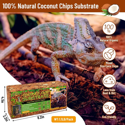 Riare 6 Pack Natural Coconut Chip Substrate for Reptiles- Compressed Coconut Husk Reptiles Bedding, Coco Husk Chip Terrarium Substrate for Snakes, Tortoises, Ball Python, Frogs, Bearded Dragon, Lizard
