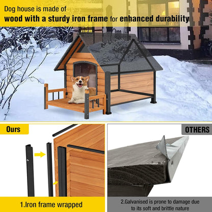 AIVITUVIN Outdoor Dog House with Anti-Chewing Iron Surround Insulated Liner Dog Kennel for Large Breed Dog Shelter Weatherproof (Brown 50.9" D x 37.4" W x 37.2" H)