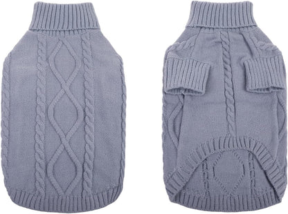 Queenmore Small Dog Pullover Sweater, Cold Weather Cable Knitwear, Classic Turtleneck Thick Warm Clothes for Chihuahua, Bulldog, Dachshund, Pug, Yorkie (Grey, Large)