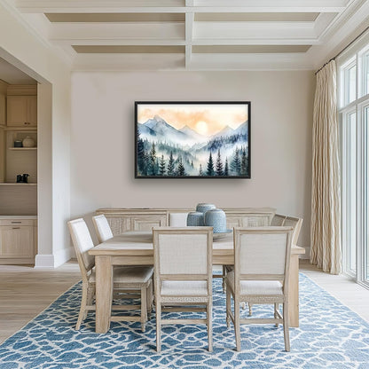 Large Misty Mountain Forest Wall Art for Living Room, Framed Foggy Sunrise Landscape Wall Decor Oversized Watercolor Canvas Painting Modern Artwork Home Decoration for Bedroom Office 36"x24"