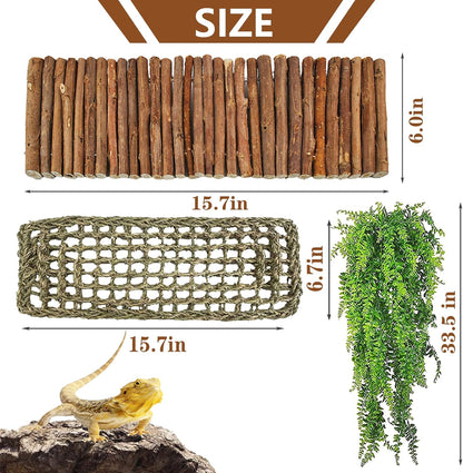 kathson Reptile Wooden Bridge,Bearded Dragon Hammock Decor Wood Reptile Hideout Hut Terrarium Hanging Plants Climbing Accessories Reptiles Hide Caves for Snake Gecko Lizard Tortoise (3 Pcs)