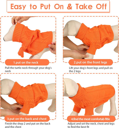Queenmore Small Dog Pullover Sweater, Cold Weather Cable Knitwear, Classic Turtleneck Thick Warm Clothes for Chihuahua, Bulldog, Dachshund, Pug (Orange, X-Small)