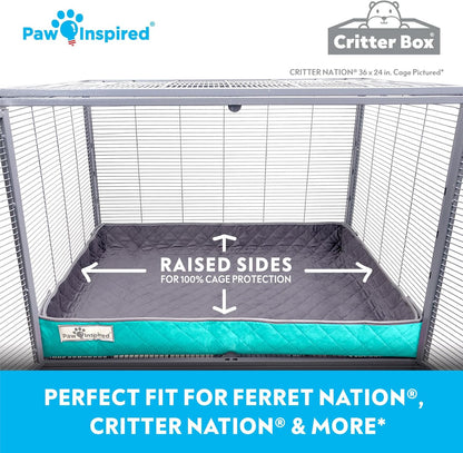 Paw Inspired Critter Box Washable Cage Liner, Reversible Fleece Bedding with Raised Sides for Ferrets, Guinea Pigs, Rats, Chinchillas, Small Animals (Critter Nation/Ferret Nation, Gray/Green)