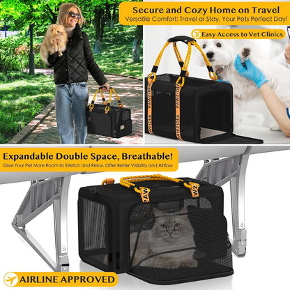 PAWZIDEA Expandable Pet Carrier w/ID Card, 18x11x11 Small Dog Carrier TSA Airline Approved, Soft-Sided Collapsible Dog Travel Bag, Top Load Cat Carrier for 2 Cats Under Seat, Puppy Carrier up to 15Lbs