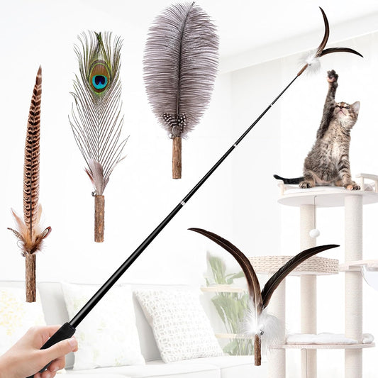 JXFUKAL 2025 Latest Cat Wand Toy, 68”Extra Long Cat Fishing Pole Toy, 4PCS Natural Huge Feather Refills with Silvervine Sticks for Indoor Cats Kitten Kitty Teeth Cleaning Exercise Accessories