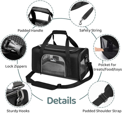 TSA Approved Pet Carrier for Small Medium Cats and Dogs | Dog Carrier with Adequate Ventilation | 4 Mesh Windows, 3 Entrance, Locking Safety Zippers, Padded Shoulder Strap, Black