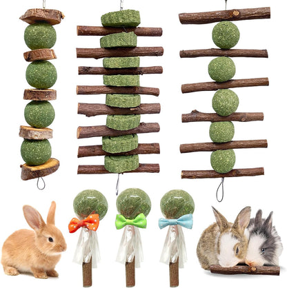 3 Pcs Bunny Chew Toys with 3 Pcs Rabbit Chew Lollipop for Teeth Grinding, Improve Dental Health, Treats for Rabbits Guinea Pigs Chinchillas Bunnies Hamsters