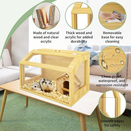 24" Wooden Hamster Cage, Chewproof Gerbil Cages and Habitats, Openable Top Roof Window with Silencing Pad, Guinea Pig Cage for Small Animals, Dwarf and Syrian Hamster, 24 x 16 x 16 Inches