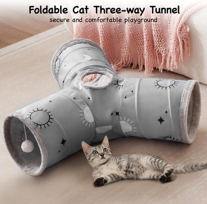 Tempcore Pet Cat Tunnel Tube Cat Toys 3 Way Collapsible, Cat Tunnels for Indoor Cats Fleece-Lined in for Warmth，Kitty Tunnel Bored Pet Toys Peek Hole Toy Ball Puppy, Kitten, Rabbit Gray Sun