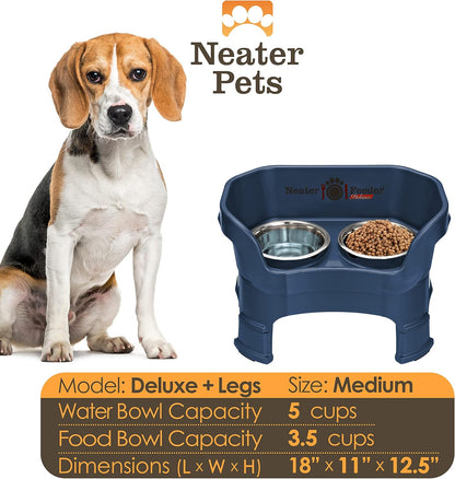 Neater Feeder Deluxe Mess Proof Dog Bowls Elevated Medium Sized Dogs (19-40 lbs) Made in USA, No Spill Raised Dog Food Bowl Stand w/Leg Extension, Stainless Steel Food and Water Bowl Set, Dark Blue