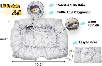 XxingSheep 4 Cave Shuttled XL Cat Tunnel Bed for Indoor Cats Peekaboo Toy Donut with Warm Mat, Yellow-Brown