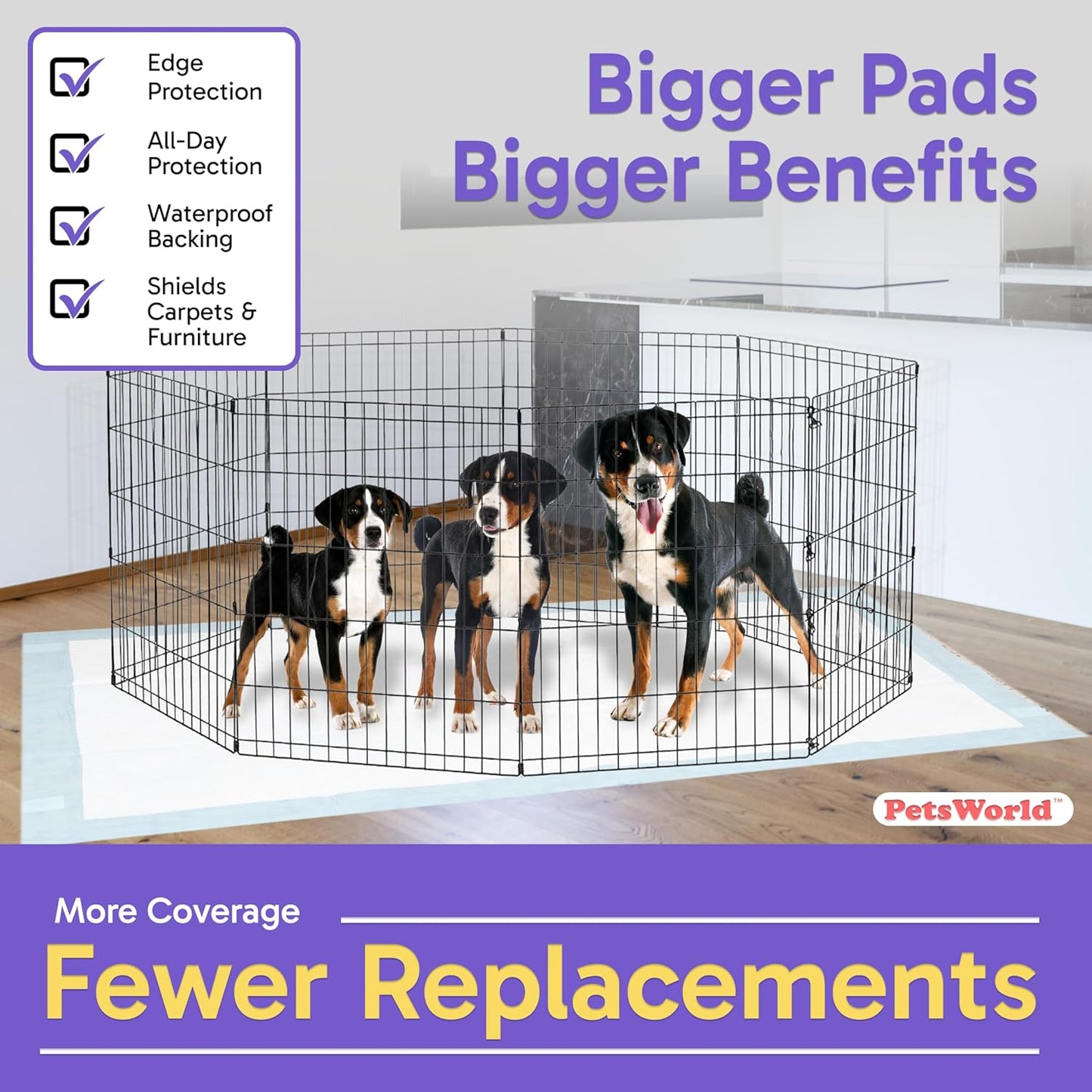 PETSWORLD Mega-Sized Dog Pee Pads (40" x 99") – 4XL Gigantic Pet Piddle Pads for Puppy Training, Incontinence – with Adhesive Sticky Tape – Leak Proof, 5-Layer Protection (240 Count)