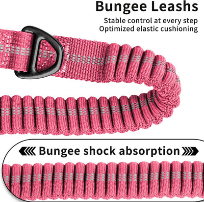 Heavy Duty Tactical Bungee Dog Leashes, 4-6FT Shock Absorbing Tactical Dog Leash with 2 Padded Handles, Metal Carabiner Clip,Car Seatbelt, Reflective Dog Leash for Medium Large Dogs (Pink)