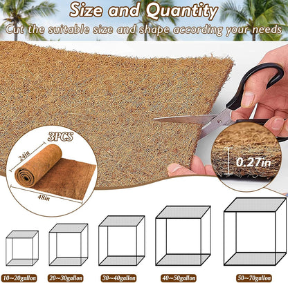 ZeeDix 3 Rolls Coconut Fiber Reptile Substrate Mat, 24 x 48 inches Natural Coco Mat Reptile Carpet Coco Fiber Liner Turtle Bedding Reptile Terrarium Liner for Lizard Snake Turtle Gecko Bearded Dragon