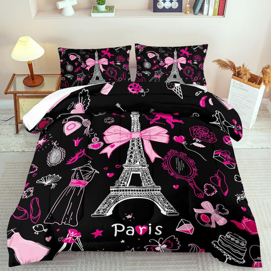 Eiffel Tower Comforter Set Queen Size,Eiffel Tower Bedding Set for Girls, Pink and Black Paris Themed Comforter Bedroom Decor,Paris Quilt French Style Romantic Bedding