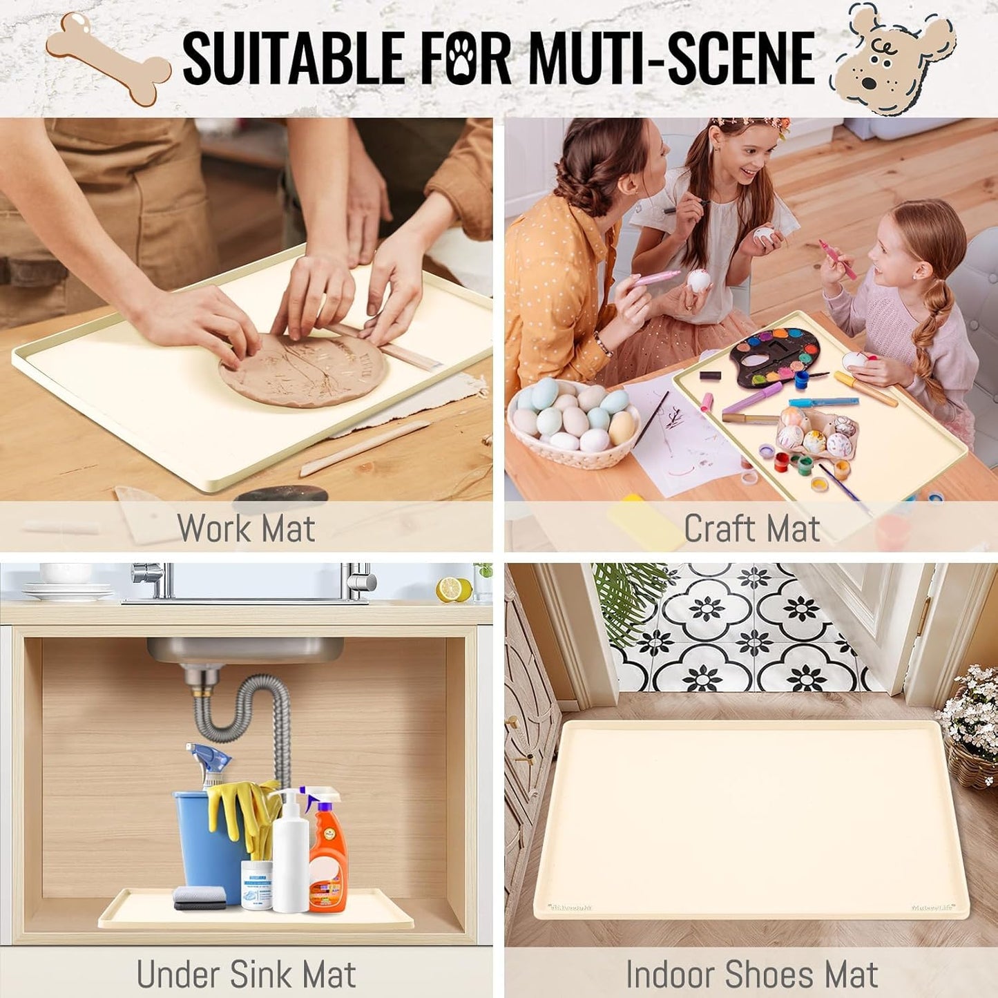 MateeyLife Dog & Cat Food Mat, Waterproof & Nonslip Silicone Feeding Mats for Dogs and Cats, Raised Edge Tray for Messy Drinkers, 18"x12", Beige