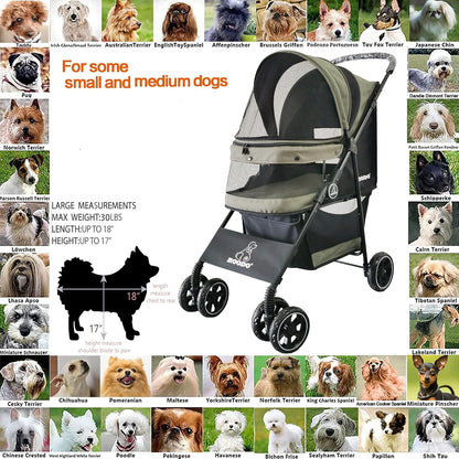 ROODO 4 Wheel Dog Cat Pet Stroller Best Lightweight Foldable Compact Portable Jogger All Terrain Travel Pet Gear Puppy Doggie Bunny Kitty Stroller for up to 30lbs Medium Small Dogs Cats(sage Green)