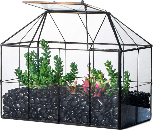 NCYP Glass Terrarium Planter with Lid for Small Succulent Cacti, Grid House Shape Black Geometric Terrarium Pot, Home Garden Indoor Tabletop Decor, 9.84" x 5.31" x 7.87" (No Plants)