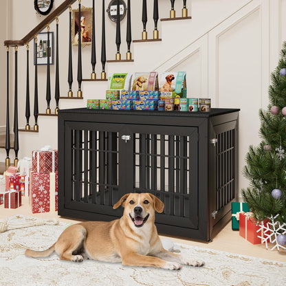 48" Heavy Duty Dog Crate Furniture for Small,Medium and Large Dogs,Rustic Wooden Dog Cage Kennel Indoor Furniture with Waterproof Top,Decorative Pet House Side End Table (Black)