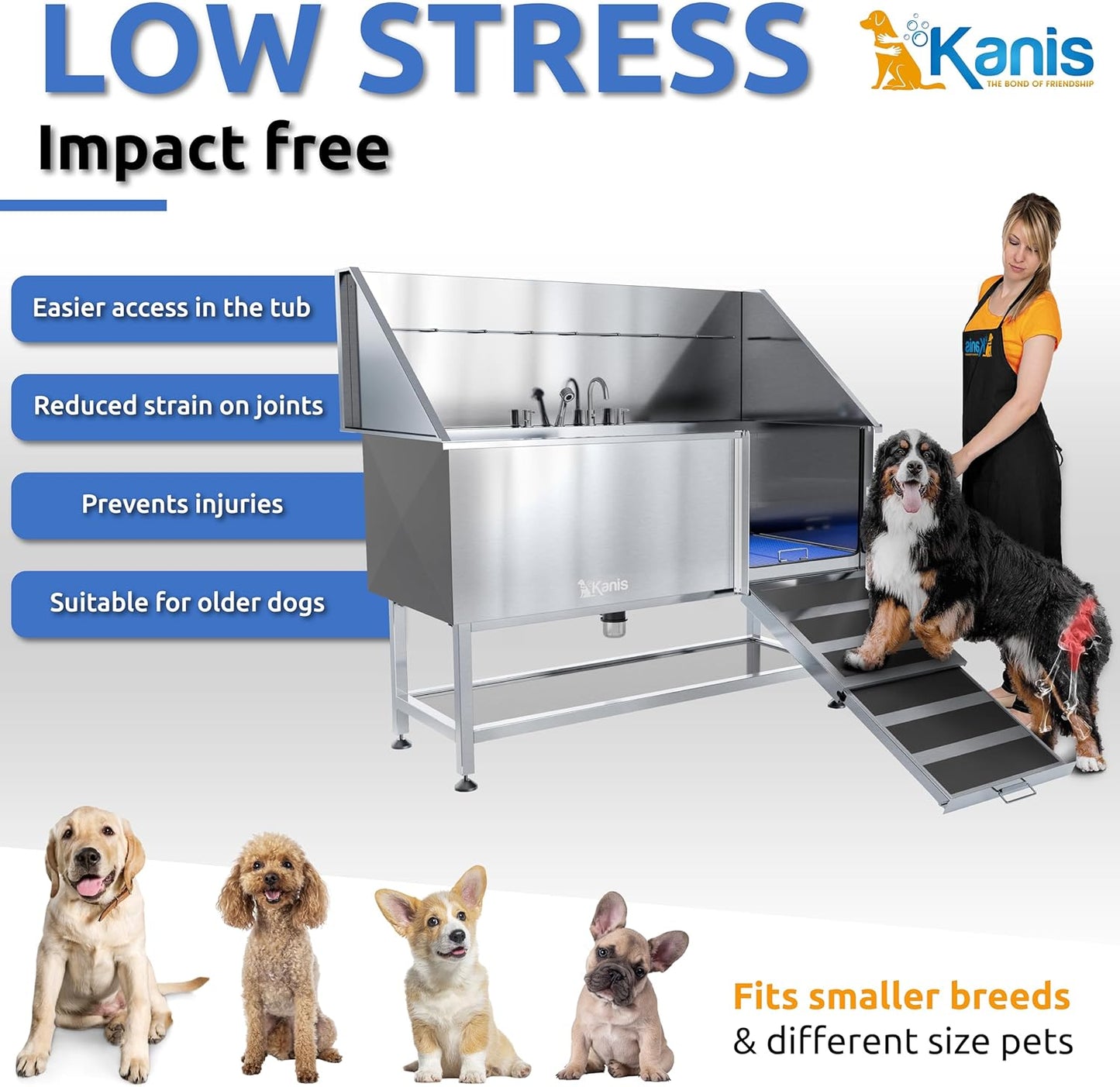 KANIS Professional Dog Washing Station - 304 Stainless Steel Pet Wash Sink & Grooming Bath Tub for Home with Ramp, Shower, Floor Grate, Storage Shelf, Faucet, Drain Kit for Large, Medium & Small Pets