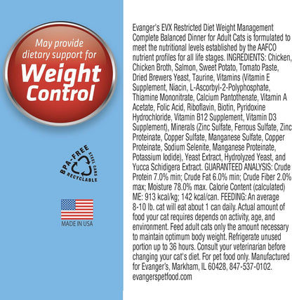 Evanger’s EVX Restricted Diet Weight Management Canned Cat Food – 24 Count, 5.5 oz Cans Each – Chicken, Salmon & Sweet Potato Recipe – Grain Free, Limited Ingredients, Pâté Style