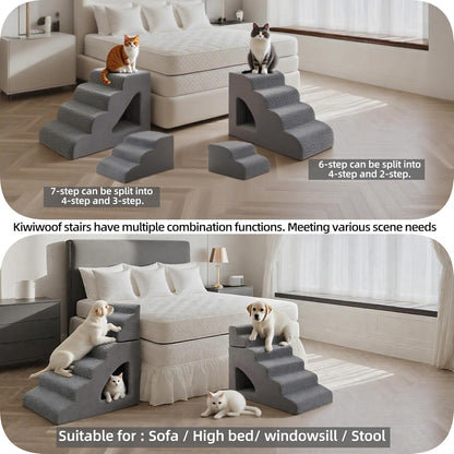 7 Step Pet Stairs Ramp for High Beds Sofas 22-42 Inch, Non-Slip Dog Stairs for Small Old Medium Large XL Dogs Cats, Sturdy 75 Pounds 33D Foam Balanced 6-Tier Ladder with Machine Washable Cover