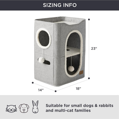 Bedsure 2 Story Cat House - Cat Condos for Indoor Cats with Scratch Pad and Fluffy Ball Hanging, Small Pet Cave Furniture Hideaway for Multi Pets, 18x14x23 inches, Grey