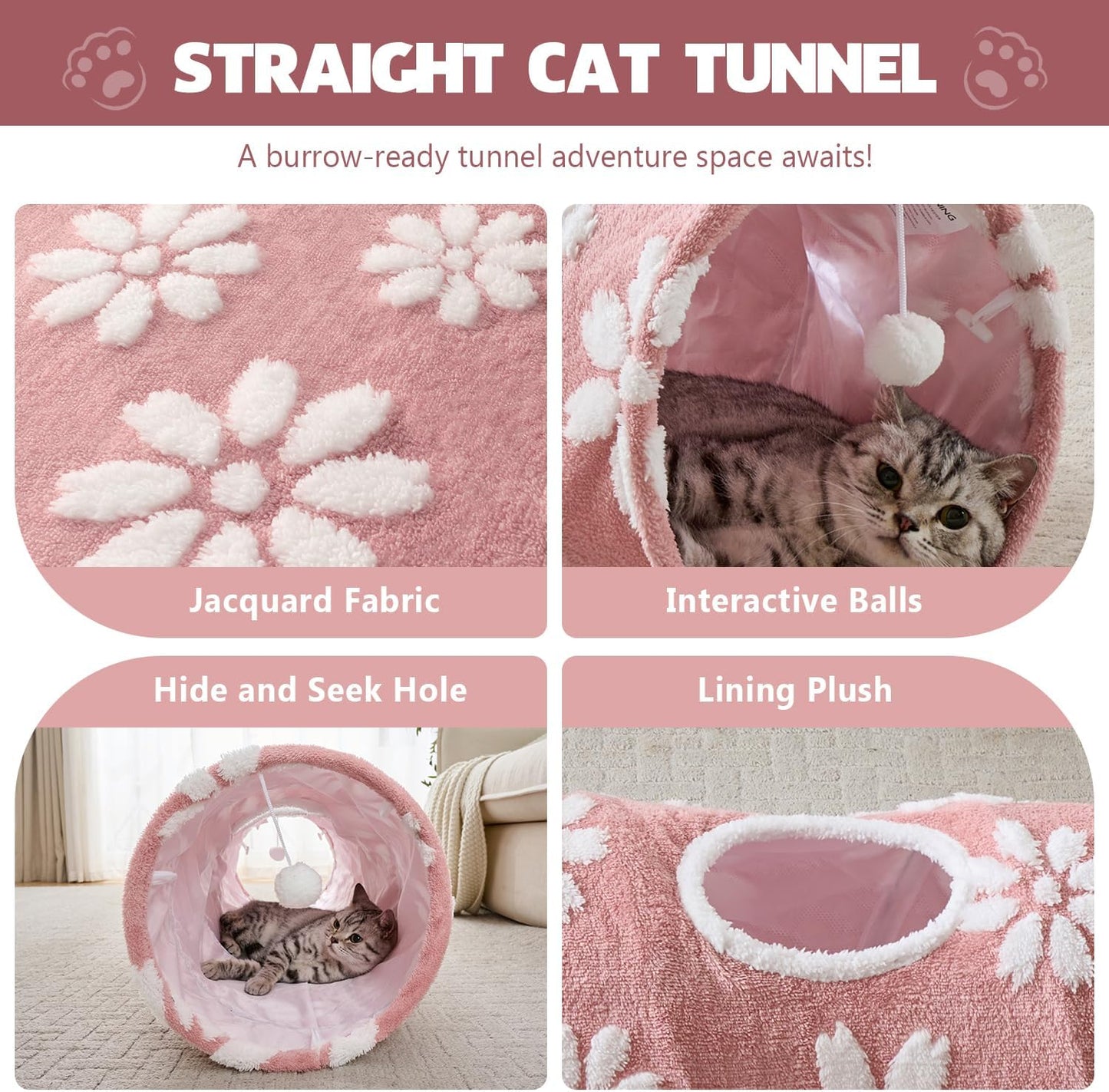Straight Cat Tunnel for Indoor Cats 47"x12", Cute Cat Toys Collapsible Tunnel Tube with Balls for Puppy Kitten Rabbit, Pink Flower