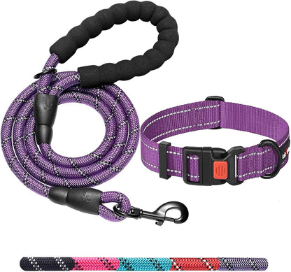 Heavy Duty Dog Leash - Comfortable Padded Handle, 5 ft Long - Dog Leashes for Small Medium Large Dogs (Leash+Collar S Neck 13.5"-16", Purple)
