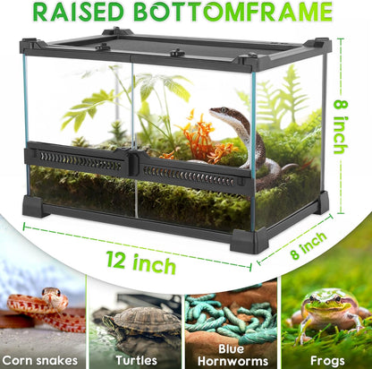 Mini Reptile Glass Terrarium 12"x8"x8" Durable Reptile Habitat Tank with Heat Resistant Aluminum Alloy Frame, Double Swinging Doors for no Jam by Sand and Other Debris
