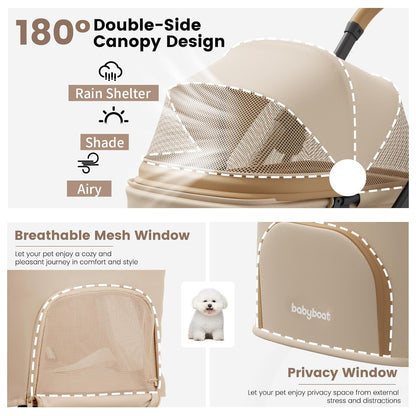 Lightweight Dog Stroller Portable Compact Folded Pet Stroller for Small/Medium Dogs & Cats Up to 35lbs One Click Folding Large Cat Carriage with Adjustable Canopy Storage Basket- Khaki