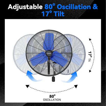 Pro 9500 CFM 24" Outdoor IP44 Waterproof Wall Mount Fan, 3-Speed Oscillating Metal Fans with Enclosure Motor, Heavy Duty Wall Fan for Patio, Warehouse, Garage, and Jobsite