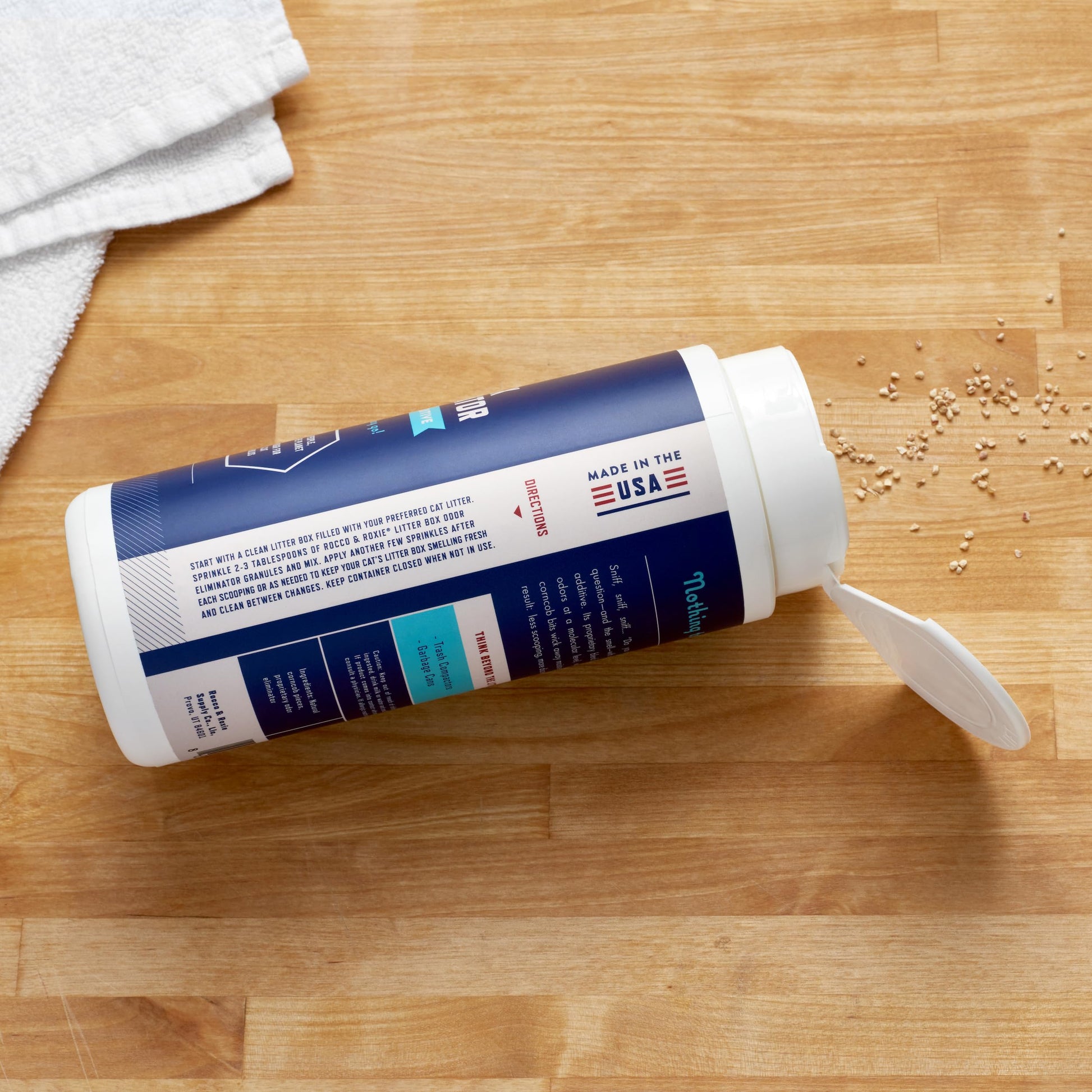 Rocco & Roxie Litter Box Odor Eliminator. Chosen for real quality, fits naturally into modern pet