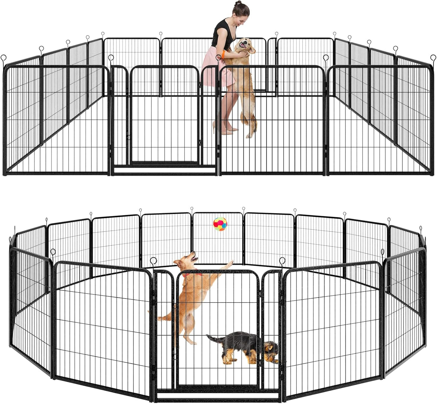 Dog Playpen Outdoor Extra Wide 16 Panels Heavy Duty Dog Fence 32" Height Anti-Rust with Doors Portable for RV Camping Yard, Total 42FT, 140 Sq.ft, Snowy Black