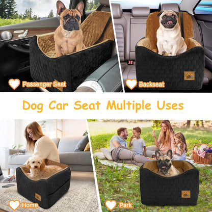 Dog Car Seat for Small/Medium Dogs, Memory Foam Dog Booster Seat, Travel Safety Per Car Seat with Washable Removable Cover, Storage Pockets for Dogs up to 35 lbs(BlackBrown)