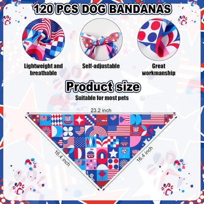 Sanwuta 120 Pcs 4th of July Bandanas for Dogs Patriotic Pet Scarves Adjustable Soft Cute Dog Triangle Scarfs for Medium Small Dogs Cats Large Puppy
