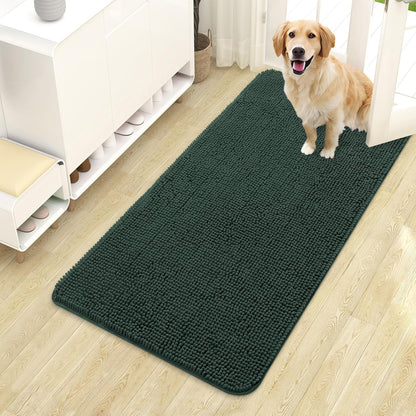 OLANLY Dog Door Mat for Muddy Paws 44x24, Absorbs Moisture and Dirt, Absorbent Non-Slip Washable Doormat, Quick Dry Chenille Mud Mat, Entry Indoor Entryway Carpet for Inside Floor, Blackish Green