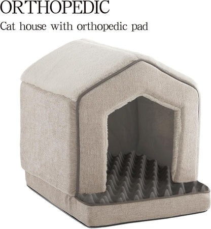 Orthopedic Cat Houses for Indoor Cats,Small Dogs,Super Soft Cat Bed Cave,Condos, Cubes,Cat Hideaway,Covered,Cat Bed for Kitty Small Medium Large Pet (Beige, 18" L x 15" W x 17" Th)