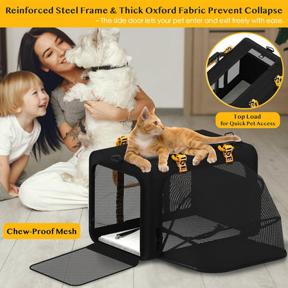 PAWZIDEA Expandable Large Pet Carrier, 24"X16"X16" Cat Carrier for 2 Cats, Collapsible Dog Travel Crate for Small Medium Dog Up 55lbs, Soft-Sided Secure Car Seat, XL Storage Pocket, ID Card, Chewproof