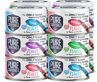 Flakes in Tuna Consommé, Canned Wet Cat Food Soup, 100% Mercury-Tested, Moist Can Fish, Grain-Free Protein, Non-GMO, 3oz, Variety Pack 3X Tuna, 3X Salmon, 3X Sardine, 3X Mackerel