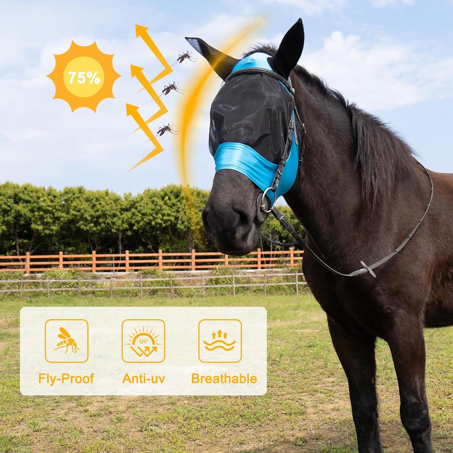 2 Piece Horse Fly Mask with Ears, Comfortable Fit Stretch Fabric Big Eye Space Soft Breathable with UV Protection for Full Horses (Blue-Pink)