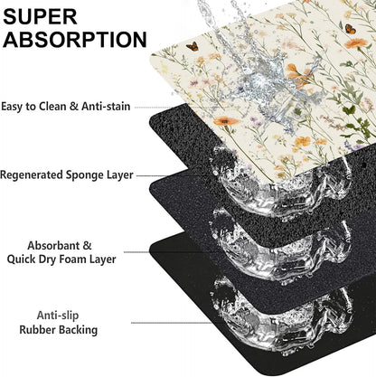Vintage Wildflowers Herbs Pet Feeding Mat for Floors-Absorbent Dog Bowl Mat for Food and Water, Quick Dry Pet Cat Feeding Mats with Non Slip Bottom, Mess-Free Dog Accessories 16"x24"