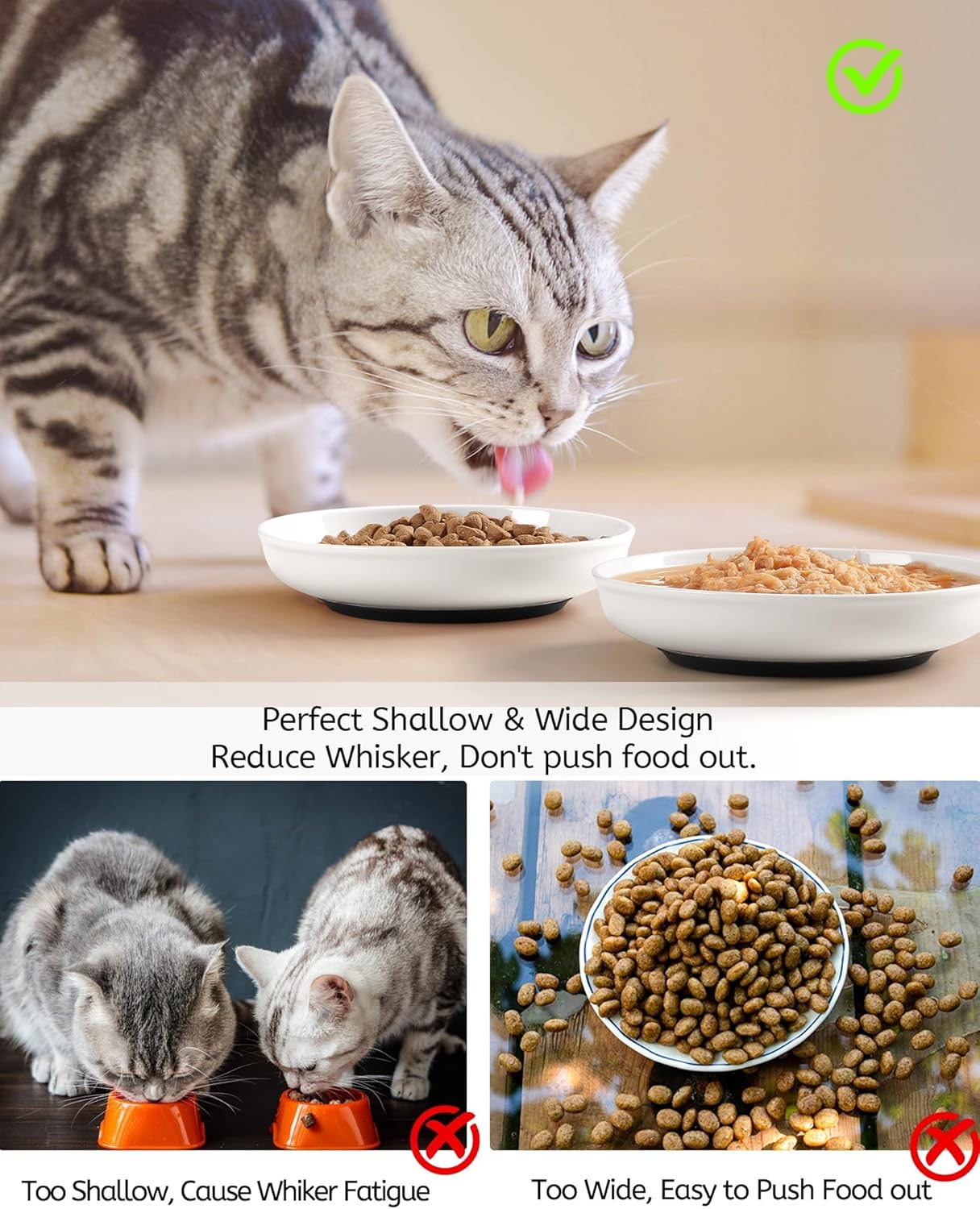No Spill Cat Bowls,Cat Food Bowl,Anti Whisker Fatigue Healthy Ceramic Cats Dishes Set for Indoor Cats,Shallow Wide Kitten Plates for Food and Water,Non-Slip Silicone Bottom,3 Pack