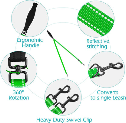 PetBonus Two Point Control Dog Leash, Works with No Pull Harnesses, No Tangle Training Leashes, Soft Padded and Reflective Walking Lead, Converts to Single Lead for Medium Large Dogs (Grass Green)
