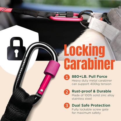 Dog Seat Belt for Car | Universal Dog Car Seatbelt | Durable Reflective Rope with Clip Hook Latch, Buckle and Carabiner- Safe and Secure Pet Safety Restraint (Pink)